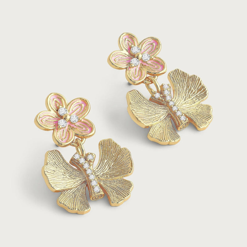 Butterfly With Enamel Flower Earrings