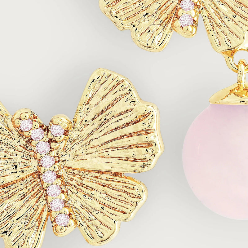 Butterfly With Rose Quartz Drop Earring